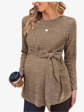 Maternity Tie-Waist Long Sleeve shirt in Taupe